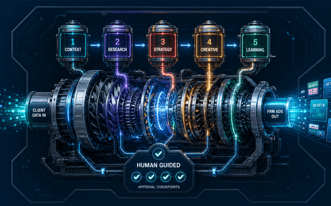 The FRM Meta Ads Engine transforms client data through Context, Research, Strategy, Creative, and Learning, with human approval checkpoints, to produce Meta ads.